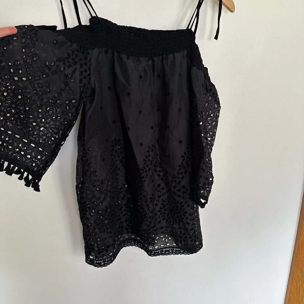 Johnny Was Women’s Hailey Smocked Off the Shoulder Neckline Ramie Blouse Eyelet - Picture 3 of 9